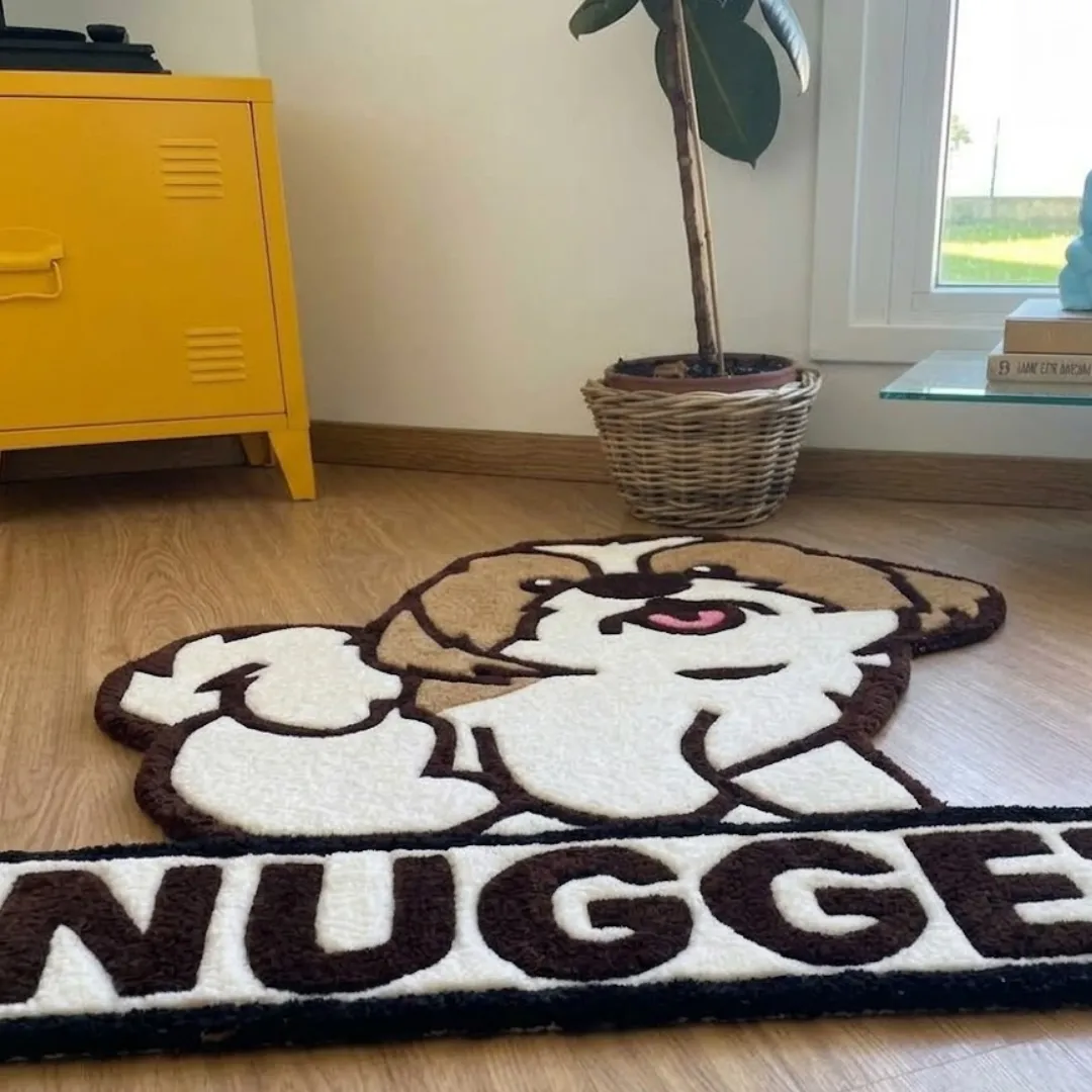 nugget pup rug angle interior view Angle view of the Nugget Pup tufted novelty rug showcasing its custom canine silhouette, plush wool pile, and cozy interior setup.