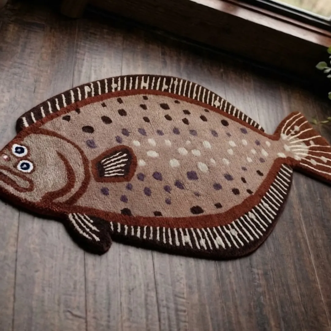 Alternative overhead view of the Russet Flounder tufted novelty rug showcasing its unique fish silhouette and plush wool construction on a hardwood floor.