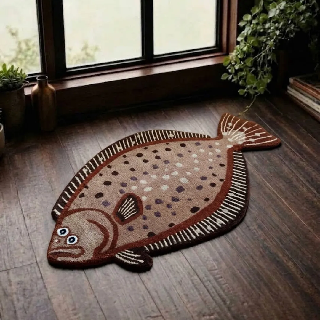 Russet Flounder handmade tufted novelty area rug shaped like a speckled brown flounder fish, displayed flat on a dark wooden floor near a window.
