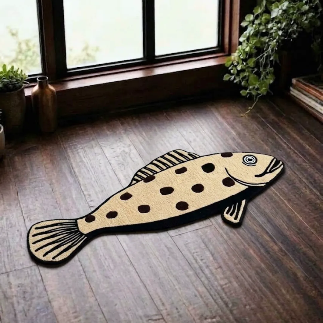 sage sole rug alternative overhead view Alternative overhead view of the Sage Sole tufted novelty rug showcasing its unique fish silhouette and plush wool construction on a hardwood floor.