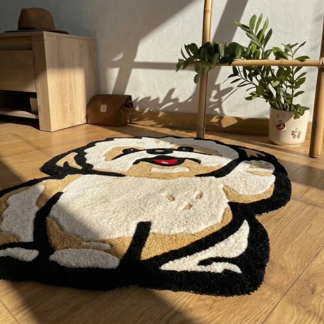 teddy paws rug angle display view Angle view of the Teddy Paws tufted novelty rug showcasing its custom puppy silhouette, plush wool pile, and warm interior setting.
