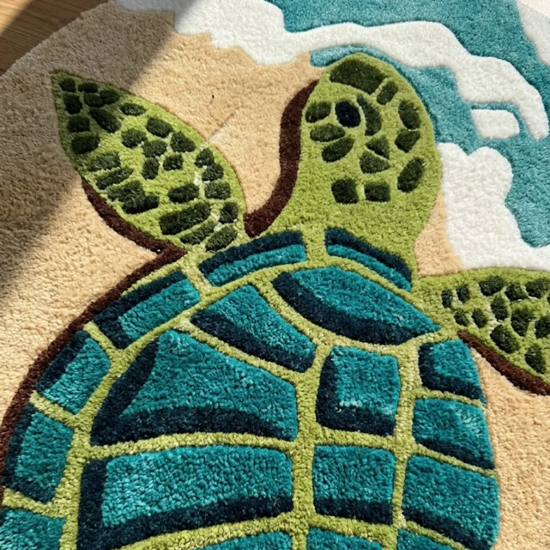 tide shell rug close up texture view Close-up macro texture shot of the high-density tufted wool pile, carved contours, and detailed sea turtle shell graphics on the Tide Shell designer rug.